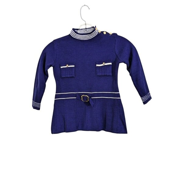 Vintage Knit Sailor Dress Girls Size 5 Navy Blue White Nautical Pocket Mock Neck - Picture 1 of 4